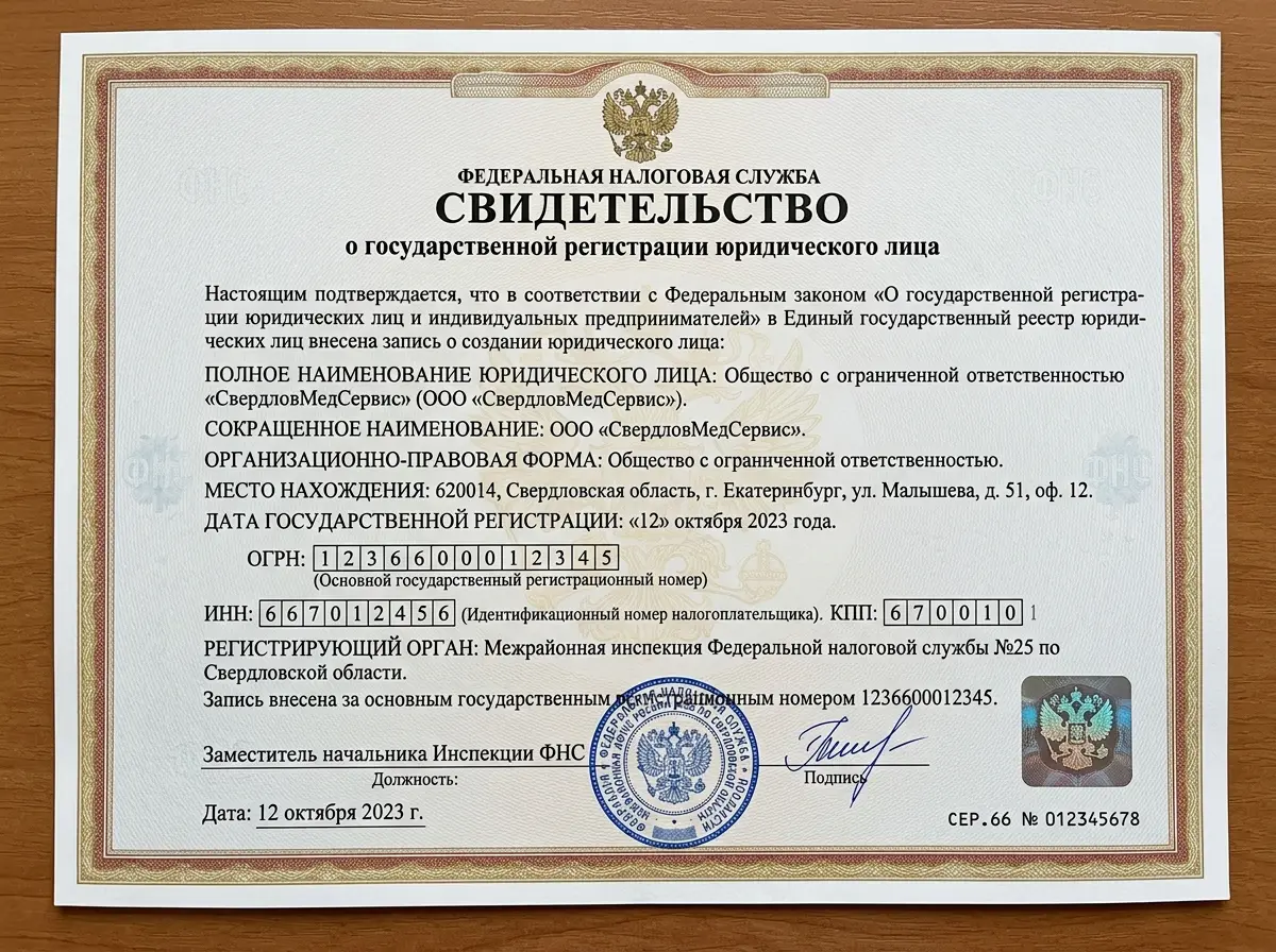 Свидетельство о государственной регистрации юридического лица ООО СвердловМедСервис, официальный документ ФНС